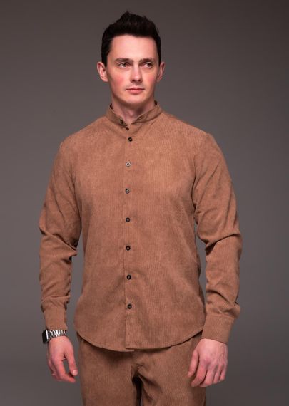 Мужская вельветовая рубашка с воротником стойка и длинным рукавом на пуговицах цвет коричневый, размер XL RA2334