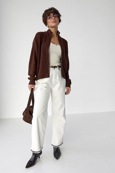 Однотонний в'язаний кардиган із коміром-стійкою - коричневий цвет, ONE SIZE (є розміри) | Зображення 2