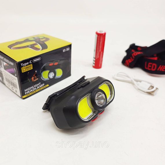 Налобный фонарь с креплением на голову KX-302-LED+2COB, Налобный фонарь с линзой, Головной фонарик AM-63 | Зображення 2