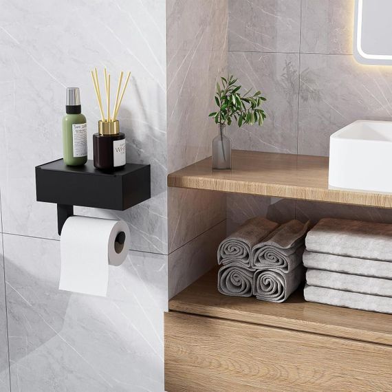 Держатель туалетной бумаги с полочкой для влажных салфеток, самоклеящийся черный матовый, современный с ящиком | Зображення 3