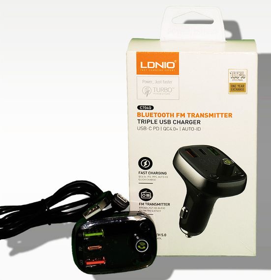 FM модулятор трансмиттер блютуз LDNIO 704Q Bluetooth адаптер зарядное утройство Черный | Зображення 2