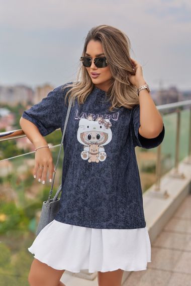 Женская свободная футболка Labubu варенка тай дай цвет темно-синий, размер 42/44, GF05256