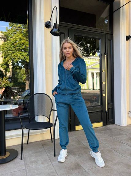 Жіночий спортивний велюровий костюм на блискавці з капюшоном штани на манжеті колір смарагдовий розмір 42/44  Mon2052