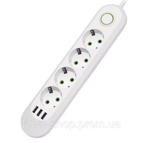 Сетевой фильтр F04U, 4 розетки EU + 3 USB, 1.5 м, сечение 3х0,75мм, 2500W, White, Box