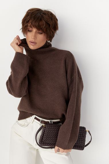 Теплий вільний гольф з розрізами внизу - коричневий цвет, ONE SIZE (є розміри)