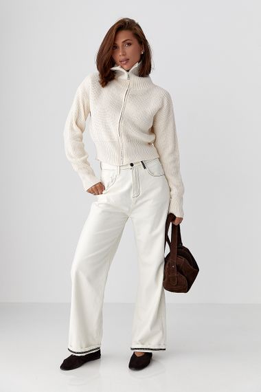 Короткий в'язаний кардиган на блискавці - молочний цвет, ONE SIZE (є розміри) | Зображення 2