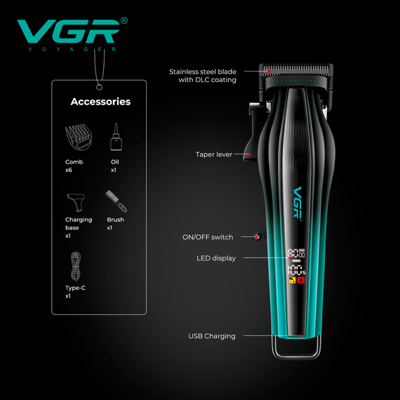 Аккумуляторная машинка для стрижки VGR V-273 GREEN, 6 насадок, 8000 RPM, 3000 mAh, LED дисплей | Зображення 4