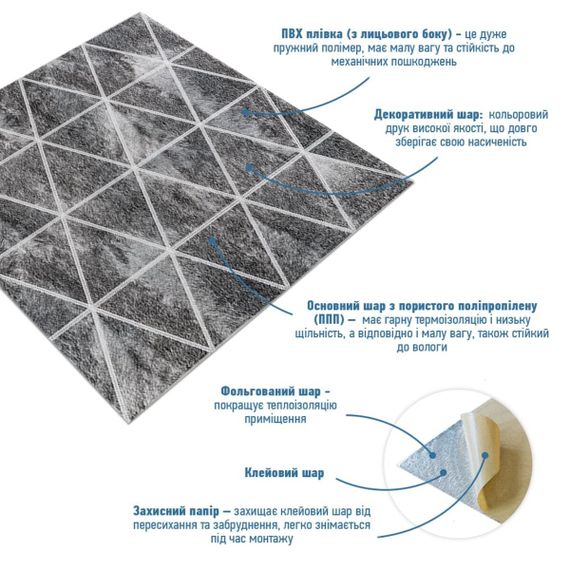 Панель стінова 3D 700х770х4мм ромби сірі вінтаж (D) Sticker Wall SW-00002008 | Зображення 1