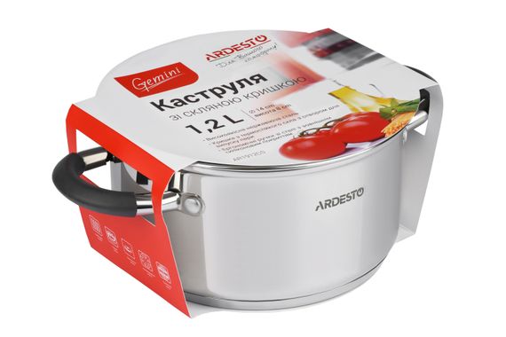 Кастрюля Ardesto Gemini Salerno, стеклянная крышка, 1.2 л,серые ручки с силиконом,нержавеющая сталь (AR1912CS) | Зображення 1