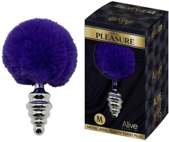 Анальна рельєфна пробка Alive Anal Pleasure з темно-фіолетовим хвостом, М sexstyle