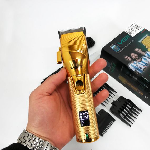 Акумуляторна машинка для стрижки волосся VGR V-280 з дисплеєм та насадками якісна. Колір: золотий | Зображення 5