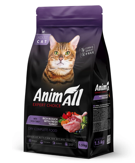 AnimAll Полнорационный сухой корм для взрослых котов со свежей индейкой и уткой, 1.5 кг