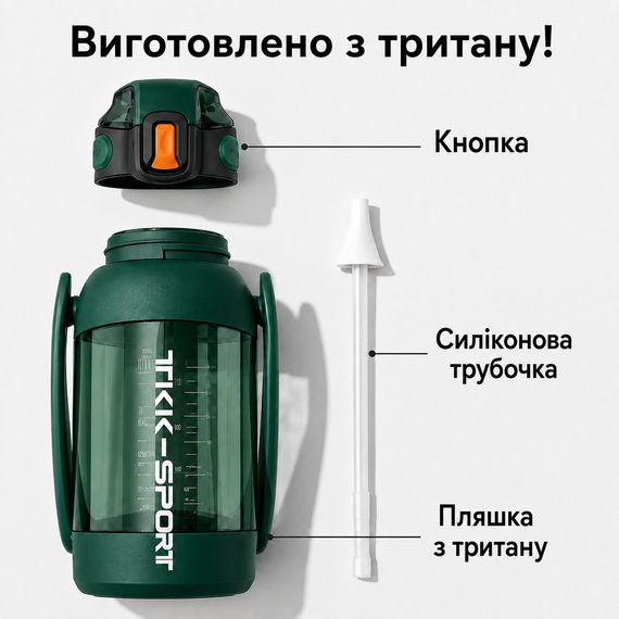 Бутылка TKK 1400 мл - Зеленая Tritan BPA-free, ударопрочная, спортивная с двойной системой переноски | Зображення 4