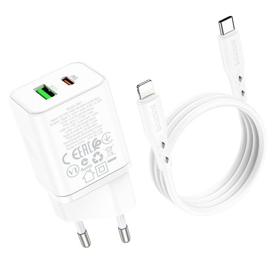 МЗП Borofone BN7 PD20W+QC3.0 (1USB-A/1C) + кабель Type-C to Lightning White | Зображення 4