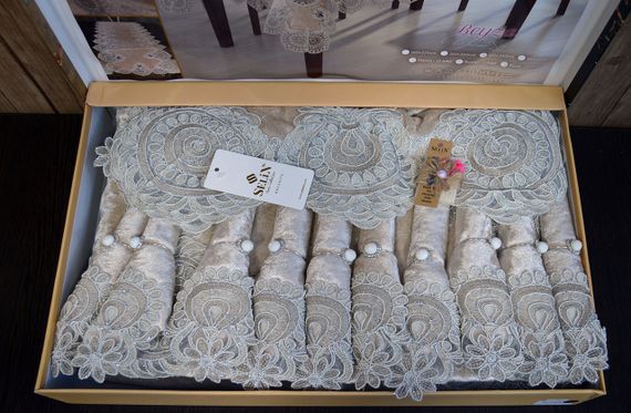 Велюрова скатертина з ранером Selin Beyza Set 160×350+12 серветок Бежева | Зображення 2