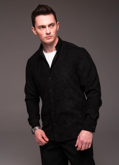 Мужская вельветовая рубашка с воротником стойка и длинным рукавом на пуговицах цвет черный, размер XL  RA2334 | Зображення 3