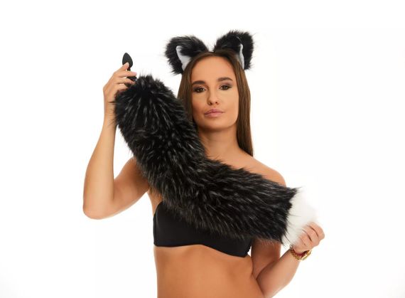 Анальний хутряний пухнастий хвіст без пробки, Чорнобурий з білим кінчиком, OKOVA 60 см. Sex Aura | Зображення 2