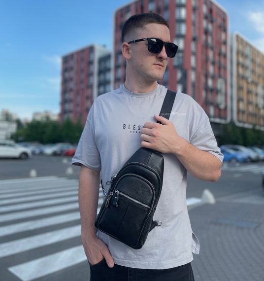 Чоловічий шкіряний слінг сумка-рюкзак через плече чорна TIDING BAG-MK 83423 | Зображення 7