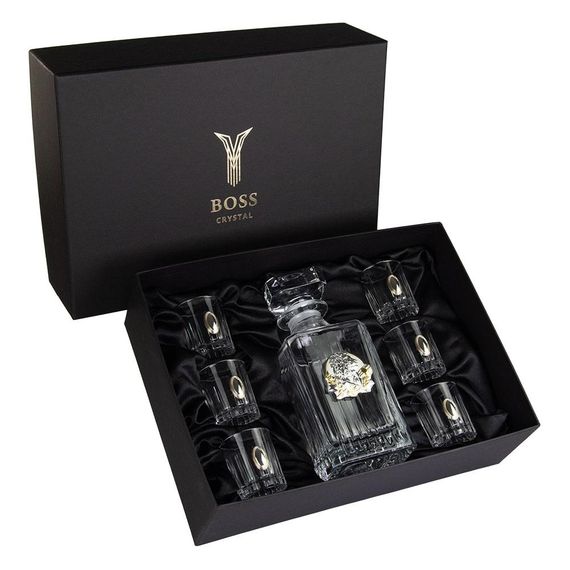 Набір для горілки "LEADER" 6 чарок 80мл, графін 750 мл, чистий кришталь, зображення зі срібла з позолотою