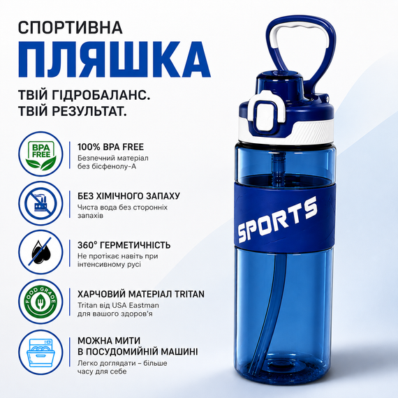 Спортивная бутылка для воды Sport 500 мл (0,5 л) синяя, ударопрочный Тритан (BPA Free), с трубочкой и ручкой | Зображення 5