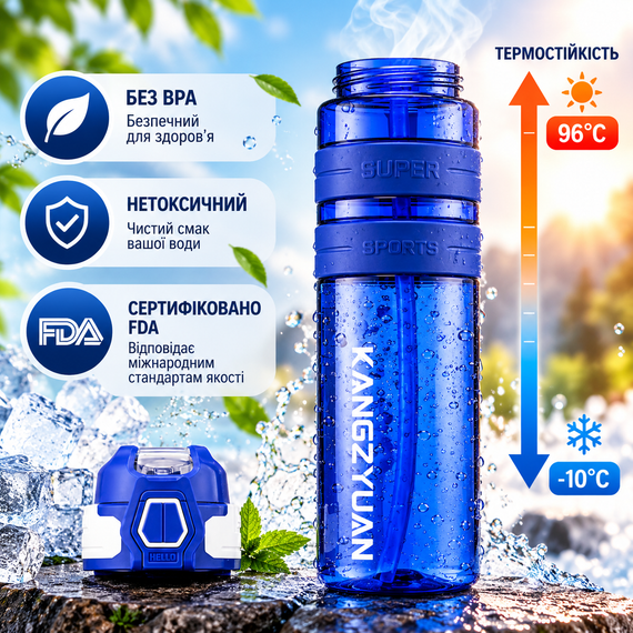 Спортивная бутылка KANGZYUAN 500 мл - Синяя Tritan BPA-free, ударопрочная бутылка для воды с трубочкой и ремешком | Зображення 2