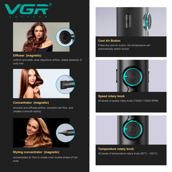 Фен профессиональный VGR V-401 BLACK, 40 уровней обдува, 40 уровней температуры, 3 насадки | Зображення 9