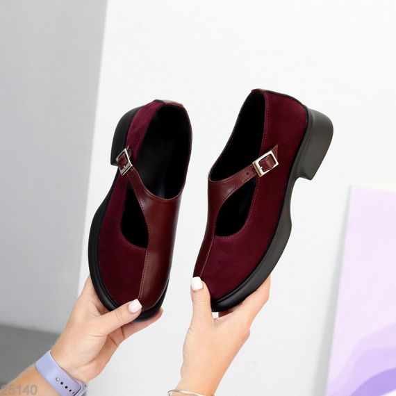 Дизайнерські бордові туфлі натуральна шкіра + замша низький хід | Зображення 8