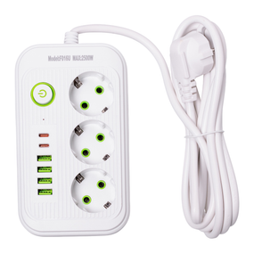 Сетевой фильтр кабель 2.7 м удлинитель F16 на 3 розетки 4 usb 2 type-c и кнопкой отключения Белый HP-5-19