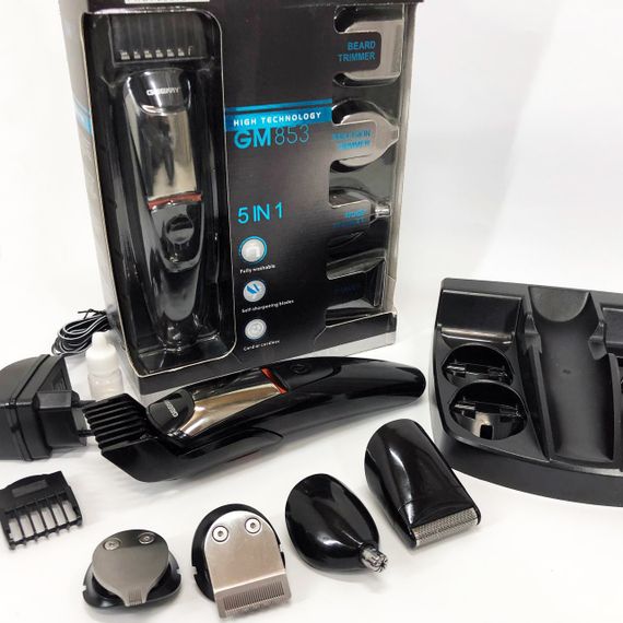 Машинка для стрижки 5в1 Geemy GM-853 стайлер, бритва, триммер на аккумуляторе нержавеющая сталь 6 насадок | Зображення 7