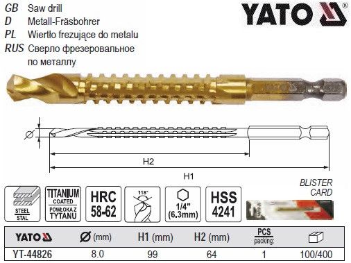 Свердло фрезерувальне по металу YATO : HSS-TIN, Ø=8 мм, l=99 мм, HEX - 1/4" YATO-44826