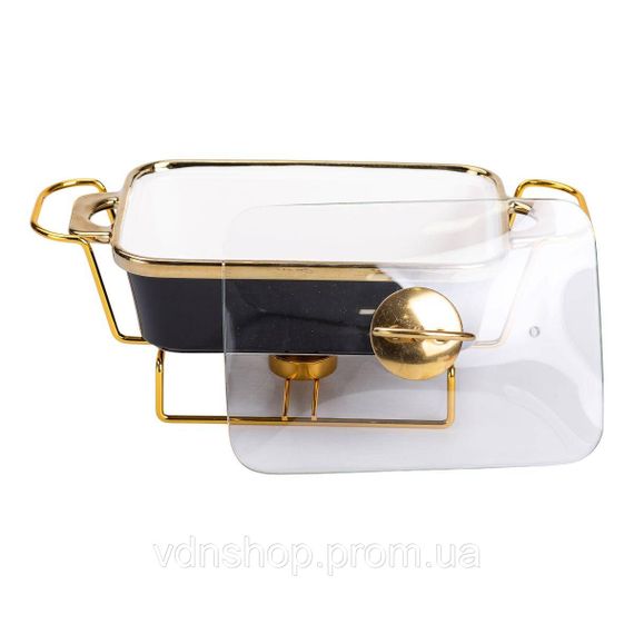 Мармит фарфоровый со стеклянной крышкой 31х16х15.5 см на металлической подставке 1 л Черный HTJ-1001 | Зображення 3