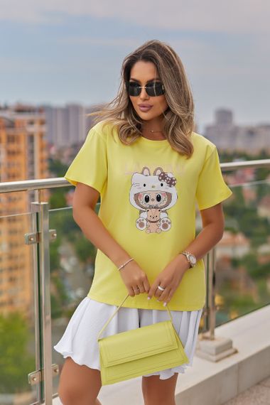 Жіноча класична футболка Labubu пряма вільна колір жовтий, розмір 54/56, GF05259 | Зображення 1