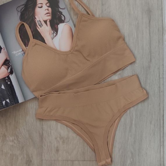 Комплект женского нижнего белья в рубчик S/M  коричневый | Зображення 3