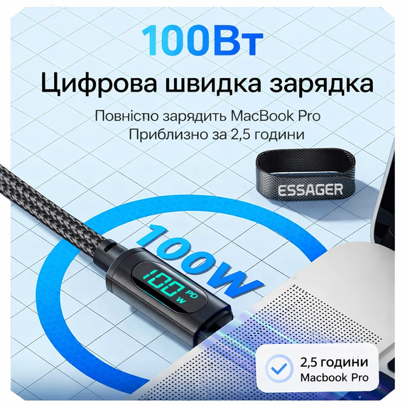 Кабель Essager 2 метра с дисплеем провод для быстрой зарядки и передачи данных 100W 7A USB to Type-C | Зображення 1