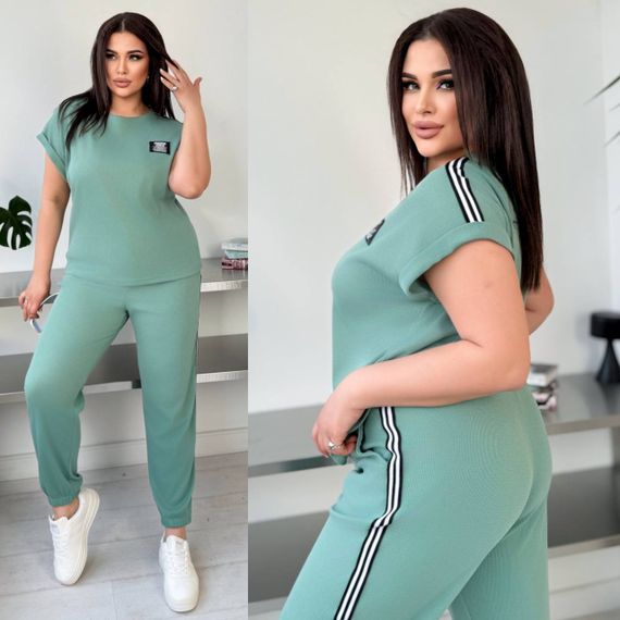 Женский спортивный костюм с лампасами штаны и футболка KF045 цвет оливковый, размер 48/50 | Зображення 2