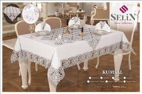 Льняна скатертина з ранером Selin Kumsal Set 160×300+12 серветок кремова