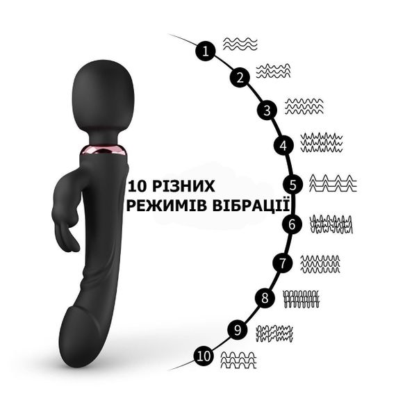 Двосторонній вібратор із стимулятором клітора, чорний силікон (10 режимів) | Зображення 1