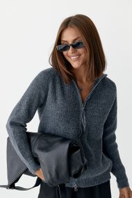 В'язаний кардиган із коміром на блискавці - темно-сірий цвет, ONE SIZE (є розміри)