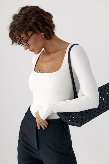 Еластичне боді з довгими рукавами - молочний цвет, S (є розміри)