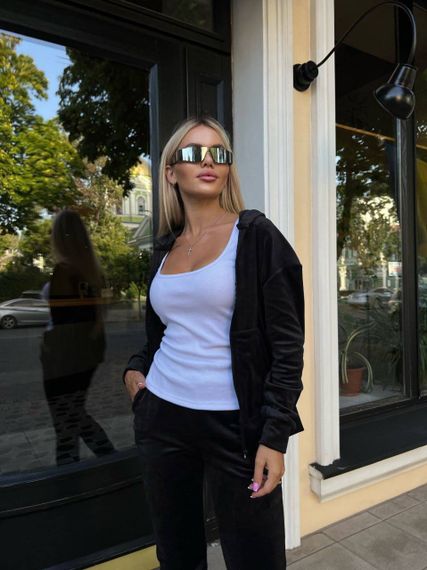 Женский спортивный велюровый костюм на молнии с капюшоном штаны на манжете цвет черный размер 46/48 Mon2052 | Зображення 2