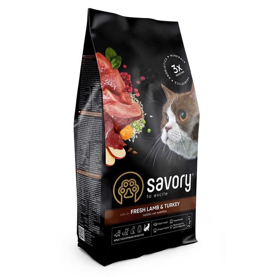 Корм Savory Adult Cat Sensitive Digestion Fresh Lamb & Turkey сухий зі свіжою ягнятиною та індичкою для котів з чутливим травленням 2 кг
