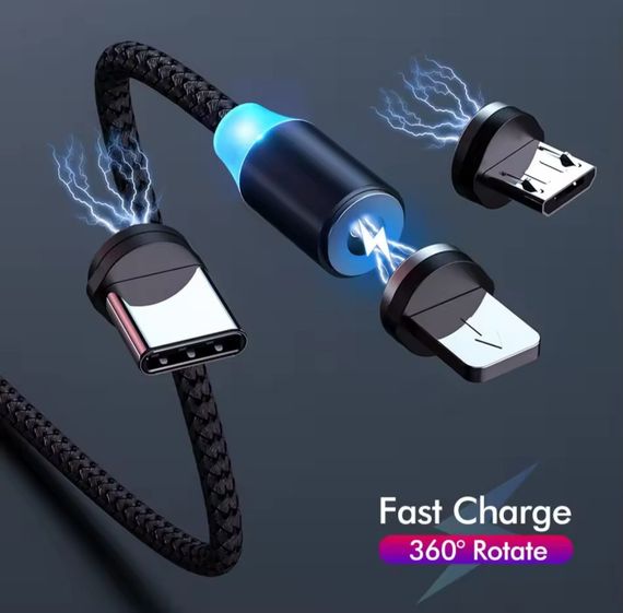 Магнитный кабель 3-в-1 с поддержкой быстрой зарядки 2А с коннекторами Lightning, Micro-USB, Type-C. 1 метр | Зображення 1