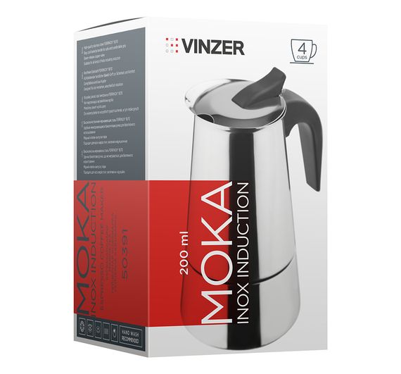 Кавоварка гейзерна з нержавіючої сталі Vinzer Moka 50391, 200 мл на 4 чашки для еспресо | Зображення 2