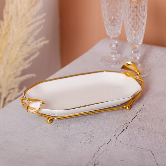 Порцелянова фруктовниця на підставці 26×15×3.5 см Біла із золотом HP-7-5 | Зображення 6