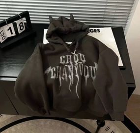 Жіноче тепле худі з ріжками оверсайз на флісі з капюшоном колір коричневий, розмір 42/48 TS158