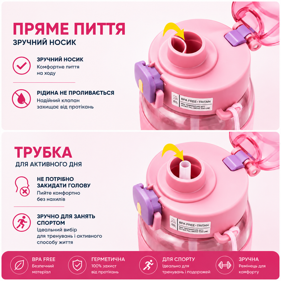 Спортивная бутылка для воды EXTRORD 850 мл Розовая: Герметичная бутылка для фитнеса, зала и бега (BPA Free) | Зображення 3