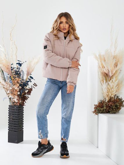 Женская теплая стеганая короткая куртка зефирка на молнии с капюшоном размер 48/50 цвет пудровый  UH375 | Зображення 4