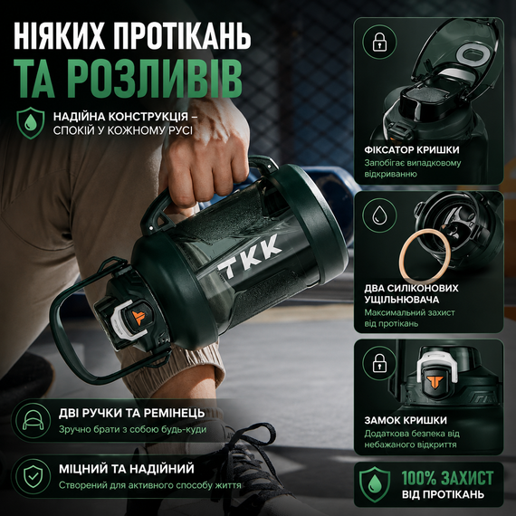 Спортивная бутылка TKK (2000 мл) - Зеленый матовый Tritan BPA-free, с эргономичной ручкой и клапаном | Зображення 4
