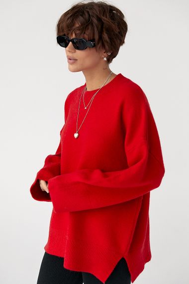 В'язана кофта оверсайз із розрізами - червоний цвет, ONE SIZE (є розміри)