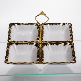 Менажниця порцелянова на 4 секції для закусок тарілка менажниця 22.5×22.5×3 (см) менажниця з ручкою Білий з золотом LC-BYL-101